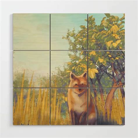 a painting of a fox sitting in the middle of a field with tall grass ...