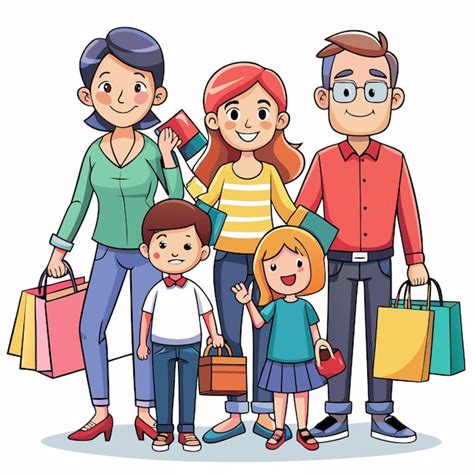 Una Familia De Cuatro Personas Con Bolsas De Compras Vector Premium