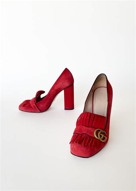 Vintage Gucci Red Suede Gg Marmont Fringe Block Heel Pumps Raleigh