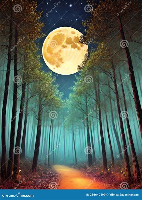 Fantasy Forest At Night With Full Moon In The Sky Stock Illustration Illustration Of