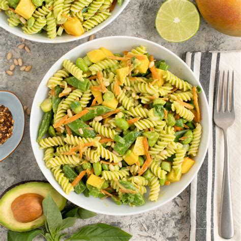 Mango Avocado Pesto Pasta Salad With Snap Peas Edamame And Pine Nuts