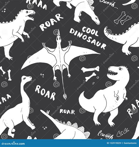 Dino Seamless Pattern Ejemplo Exhausto Del Vector De Los Garabatos De