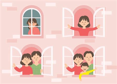 A window showing the process of a woman making a family. hand drawn style vector design ...