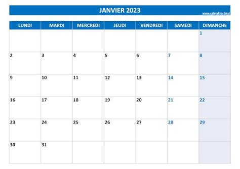 Calendrier Janvier 2023 à Consulter Ou Imprimer Calendrierbest