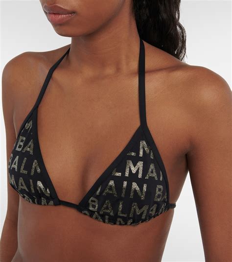 Balmain Glitter Logo Triangle Bikini In Black Gold ModeSens