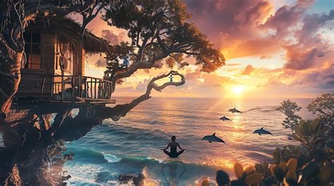 The Setting Sun Casts A Warm Glow Over A Tropical Beach A Woman In A Red Bikini Levitates Above