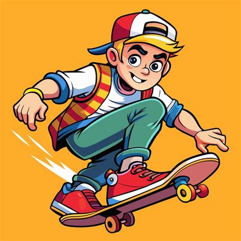 Um desenho de desenho animado de um menino em um skate um chapéu