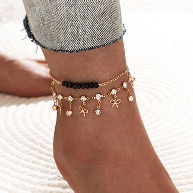 Women S Double Anklet With Beads And Charms Gold