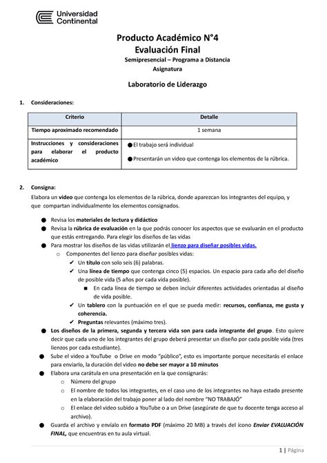 EV Final Laboratorio de Liderazgo Rúbrica Producto Académico N