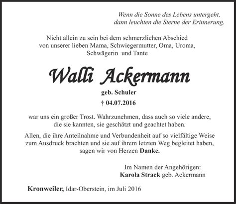 Traueranzeigen Von Wwalli Ackermann Rz Trauer De