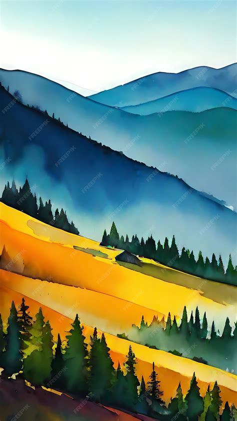 Premium AI Image | Hill landscape watercolor drawing cartoon artwork