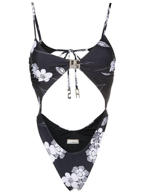 Amir Slama Floral Print Cut Out Detailing Swimsuit Black Farfetch