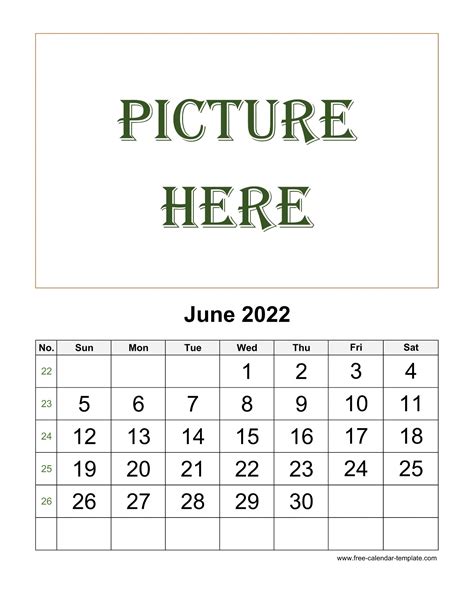 June Printable Calendar Space For Add Picture Vertical Free