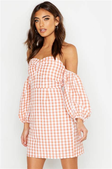 Boohoo Synthetic Gingham Sweetheart Off The Shoulder Mini Dress In