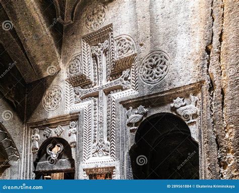 Carved Cross On Wall In Medieval Geghard Monastery Editorial Stock