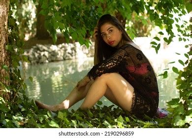 Venezuelan Brunette Girl Bikini Park Leaning Stock Photo Shutterstock