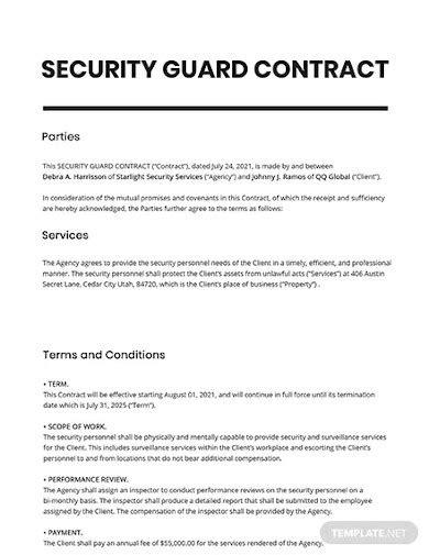 FFEE 10 Security Guard Contract Samples In PDF MS Word Google Docs