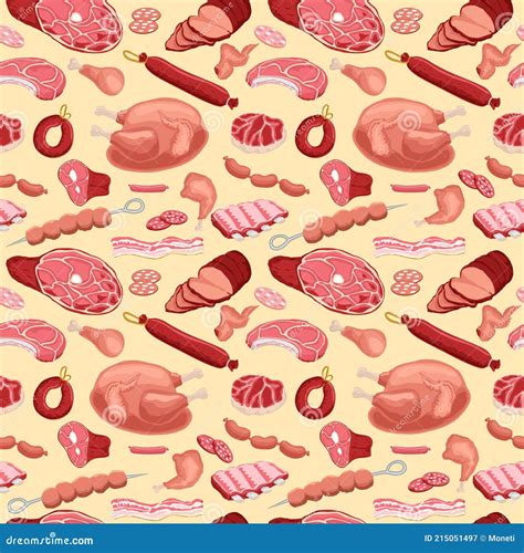 Meat Seamless Pattern Meat Products Background For Butcher Shop Design