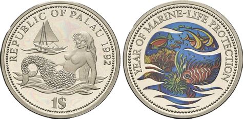 Republik Palau 1 Dollar 1992 Schutz Meeresfauna Meerjungfrau PP