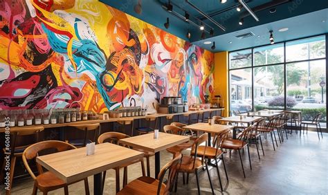 a restaurant with a colorful mural on the wall and wooden tables and chairs in front of it and a ...