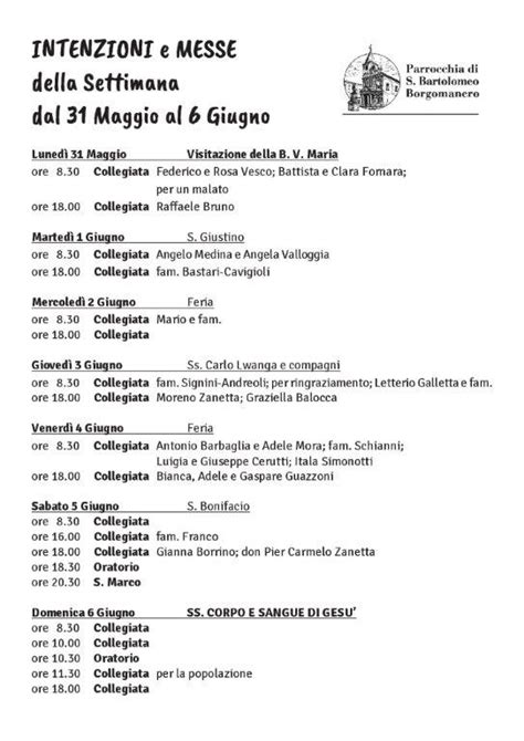 Intenzioni E Messe Maggio Giugno Parrocchia Di San