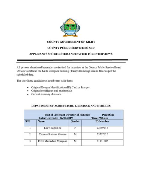 Pdf County Government Of Kilifi County Public Service Board Applicants Shortlisted And Invited