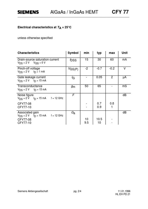 CFY77 10 Datasheet AlGaAs InGaAs HEMT Very Low Noise Very High