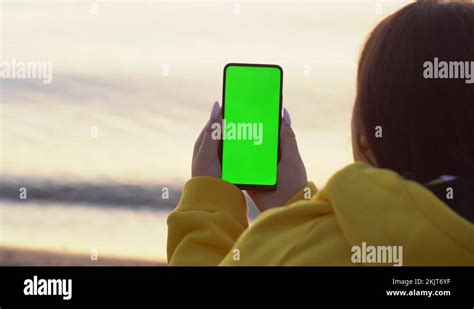 Back View Of Brunette Holding Chroma Key Green Screen Smartphone Watching Stock Video Footage