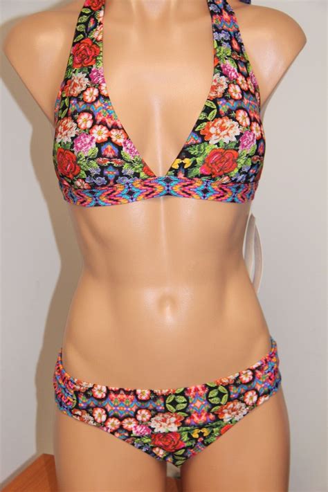 Nwt Jessica Simpson Swimsuit Bikini 2 Pc Set Sz M Blk Multi Halter Ebay