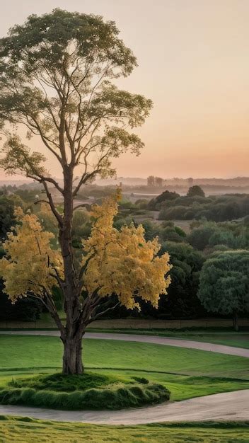 Premium Photo Single Tree In A Park Sunset Golden Hours Relaxing