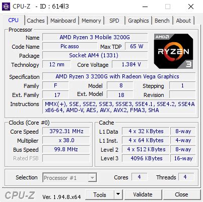 AMD Ryzen 3 Mobile 3200G @ 3792.31 MHz - CPU-Z VALIDATOR