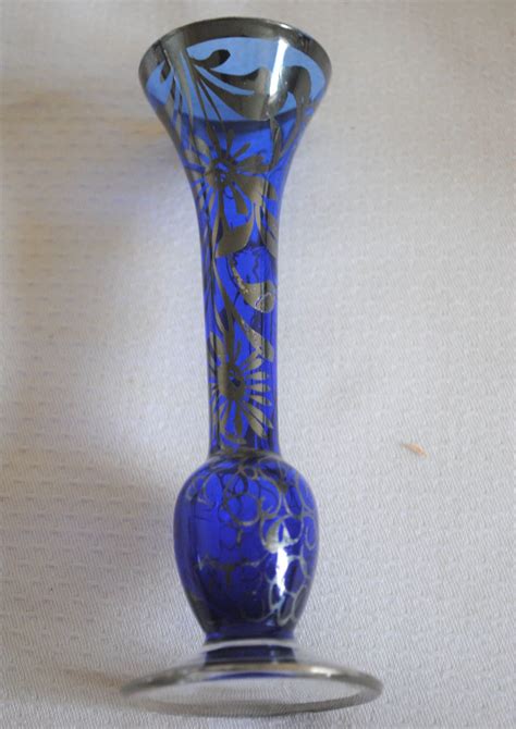 Venetian Cobalt Blue Glass Bud Vase With Silver Overlay Italy By