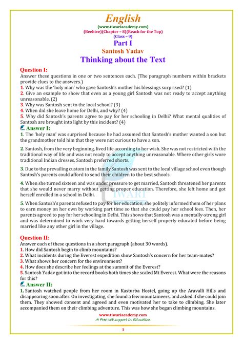 NCERT Solutions For Class 9 English Beehive Chapter 8 Reach For Top