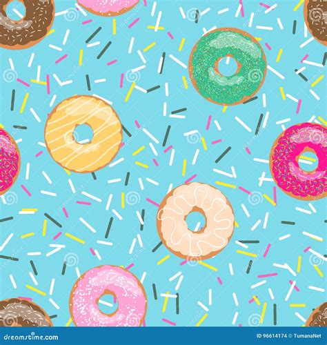 Seamless Pattern Blue Bright Tasty Vector Donuts and Sprinkles ...