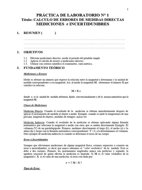 Laboratorio 1 Calculo De Errores De Medidas Directas Mediciones E