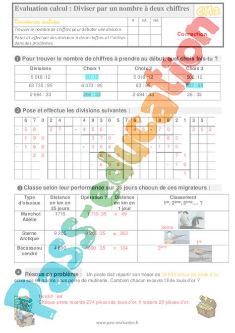 Evaluation avec les corrections sur diviser un entier par un nombre à