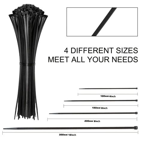 200pcs Cable Zip Ties Black Zip Ties Assorted Sizes 4 6 8 12 Inches