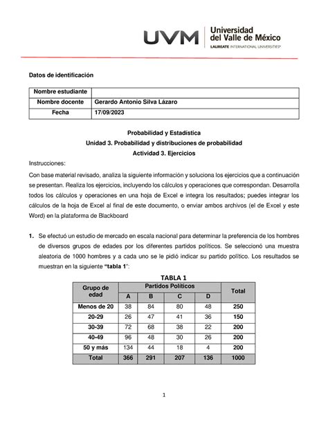 Probabilidad Ejercicios 1 Datos de identificación Nombre estudiante