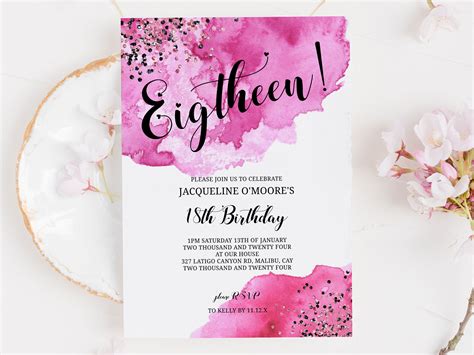 Editable Hot Pink And Black Glitter Th Birthday Invitation Etsy