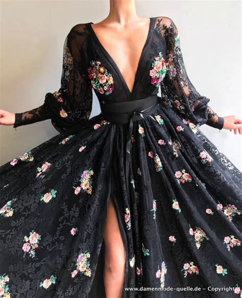 Kleider Langarm Abendkleid Elegant In Schwarz Mit Sexy V