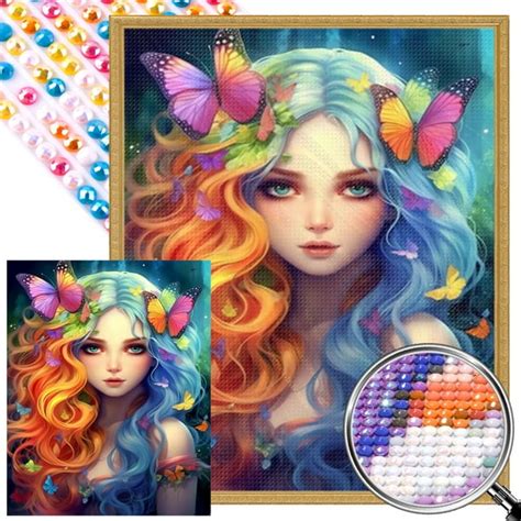 Pintura De Diamante 5d Taladro Redondo Completo Color Ab Parcial Pelo Mariposa Niña