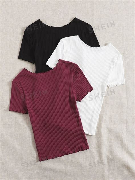 SHEIN EZwear Summer Outfits 3pcs Lettuce Trim Ribbed Knit Tee SHEIN USA