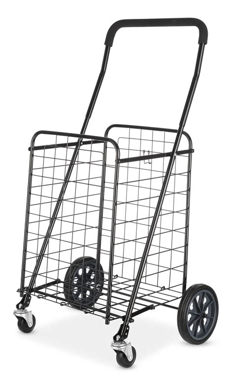 A Metal Shopping Cart With Wheels On The Front And Back Sides Two