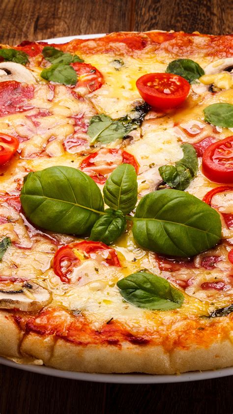 Photos Foliage Pizza Basil Tomatoes Fast Food Food Wood 1080x1920