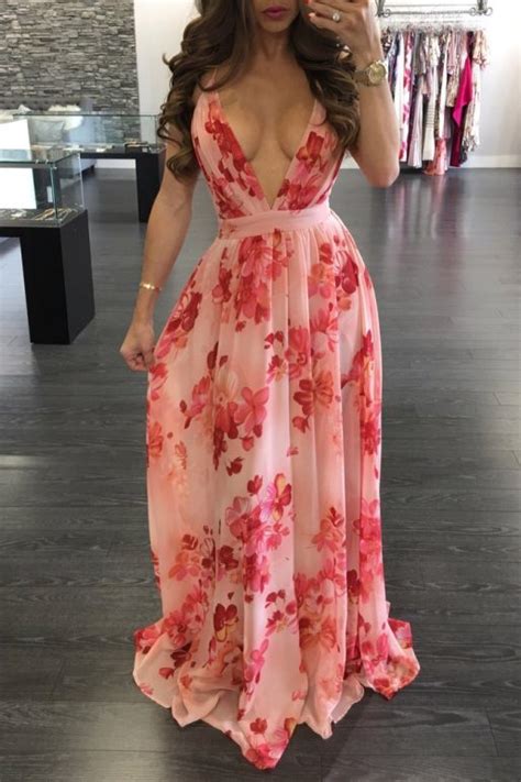 New Trendy Cute Maxi Dress Sexy Floral Print Deep V Neck Gowns