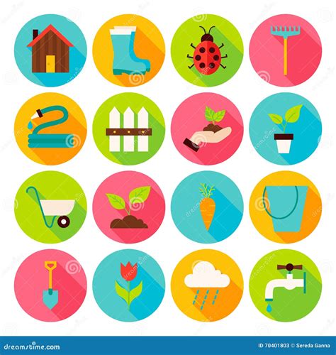 Spring Garden Circle Icons Set With Long Shadow Stock Vector