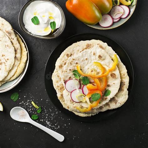 Traditional Homemade Flat Breads For A Snack With Fresh Seasonal