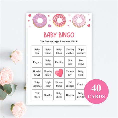 40 Printable Donut Baby Shower Bingo Cards Pink Doughnut Etsy