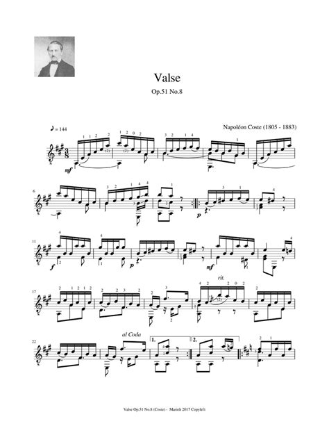 Valse Op 51 No 8 Napoléon Coste 1805 1883 Sheet Music For Guitar