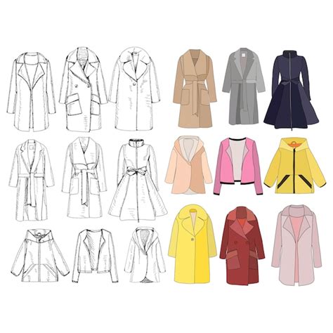 Esboços De Roupas Femininas - Casaco de roupas femininas com uma coleção de conjuntos de esboços ...